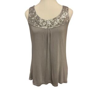 KISCHE GRAY WITH FLORAL SILVER SEQUIN TRIM/ SLEEVELESS TUNIC TANK TOP/ Size L